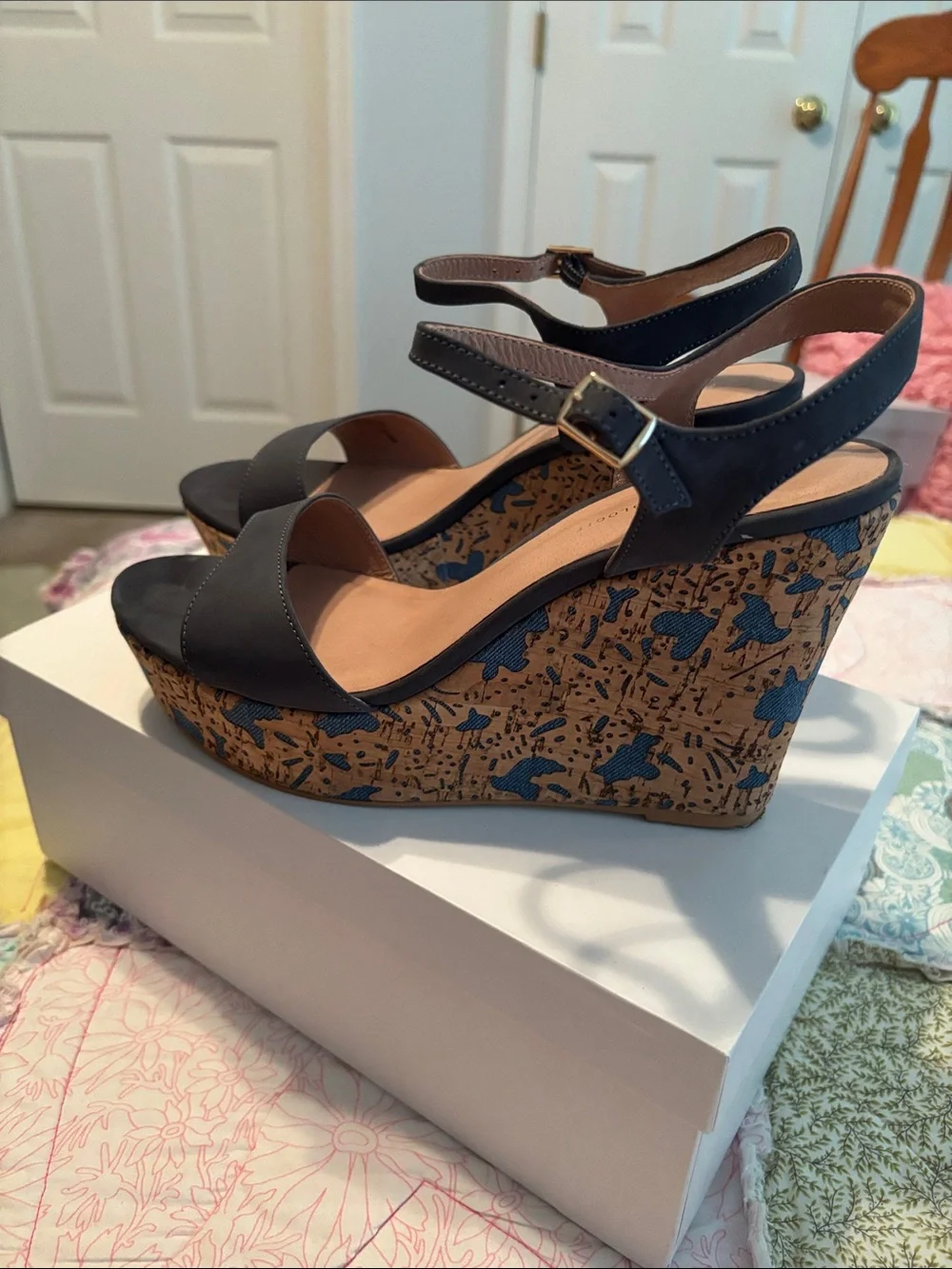 Anthropologie Blue Suede Platform Wedge Sandals with Patterned Cork Heel